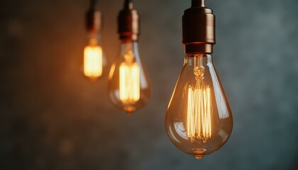 Retro style lighting fixtures with illuminated Edison light bulbs, hanging in a row against a moody, textured gray backdrop.