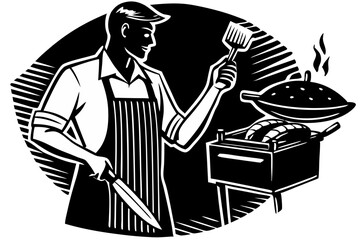 Man Grilling Food Summer BBQ Illustration, man, grilling, barbecue, food, clipart, skills, smoke, sketch, friends, artwork, enjoy, tools, together, relax, silhouette, fire, event, party, graphic, week