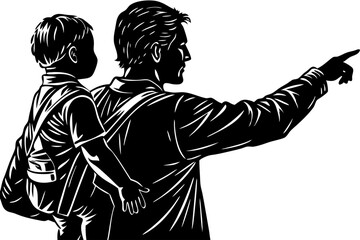 Father and Son Exploring New Horizons A Black and White Illustration, father, son, black, white, adventure, goals, bond, unity, symbolic, powerful, guidance, parenting, hope, togetherness, strength