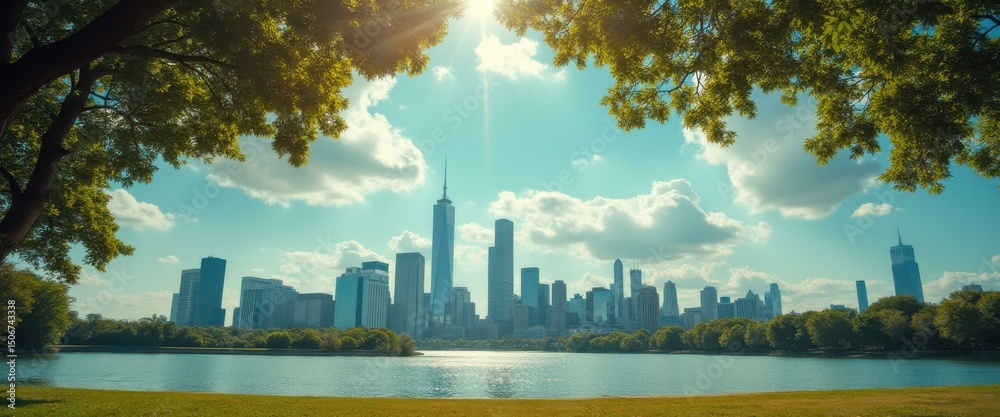 Aufkleber tranquil lake view framed by lush greenery with distant cityscape under bright sky with white clouds