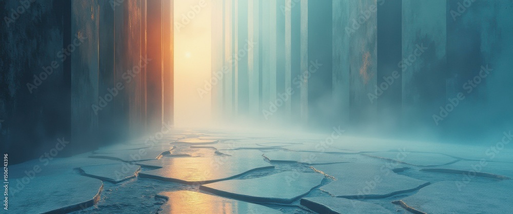 Poster enigmatic passage through ice and stone: a mystical journey towards radiant light in an abstract lan