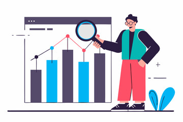 Man with magnifier analyzing business chart on screen. Illustration