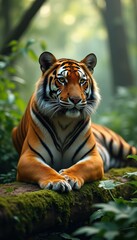 Fototapeta premium Majestic Bengal Tiger Resting on Mossy Log in Lush Green Forest with Striking Orange and Black Fur, Intense Eyes, and Powerful Presence