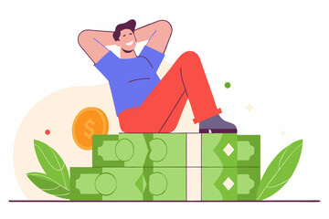 Relaxed man lying on money stacks. Illustration
