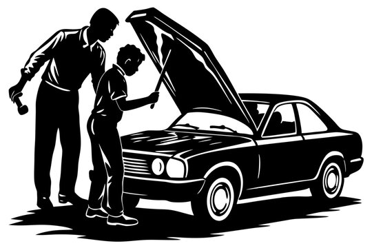 father and son fixing black car clip art preview