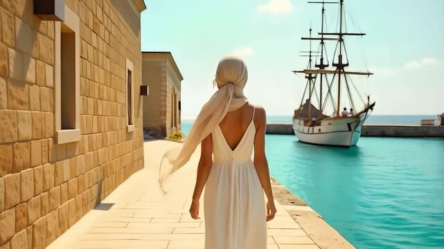 A young Middle Eastern woman in Antigua, exploring the historic Nelson's Dockyard on a bright, sunny day