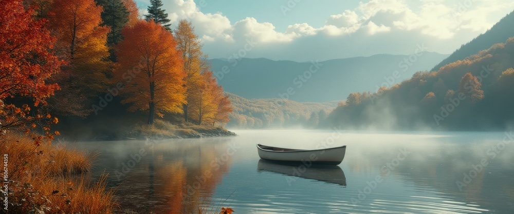 Poster serene autumn lake scene with a canoe reflected in the calm water surrounded by colorful trees