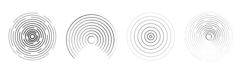 Sound wave, radar signal line. Concentric round circle effect, circular water ring. Contour vibration scan or music. Target screen, scannner swirl.