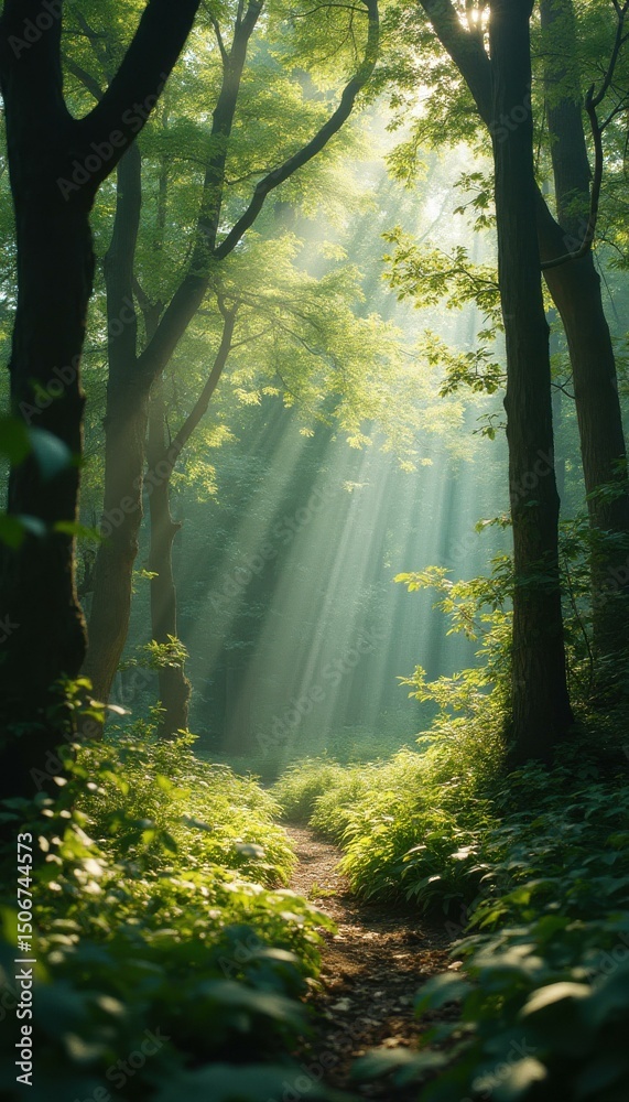 Aufkleber Sunlight streams through a lush forest path, creating an ethereal natural scene