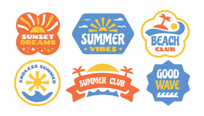 Summer badge, patch, label, stickers collection. Tropical sunset beach vibes design template.