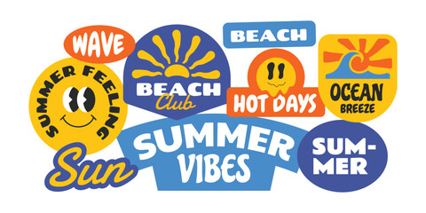Fototapeta premium Summer badge, patch, label, stickers collection. Tropical sunset beach vibes design template.