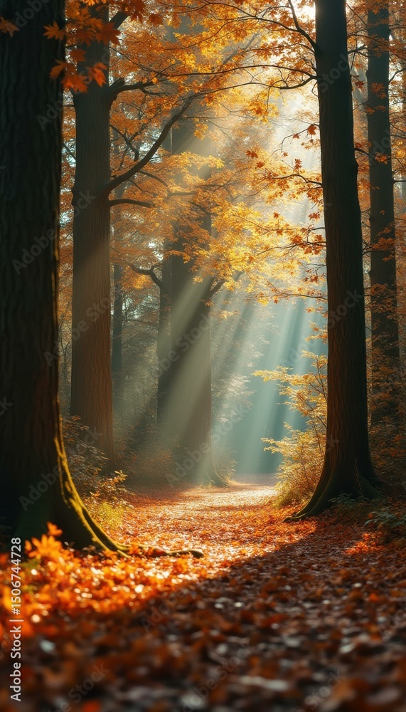 Aufkleber serene autumn forest path with golden sunlight streaming through towering trees