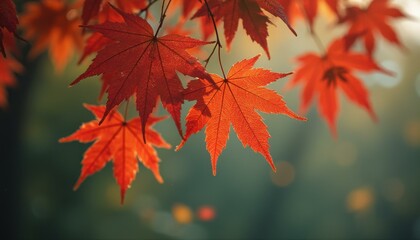 Radiant red Japanese maple leaves shimmer with sunlight against a serene, blurred green backdrop.