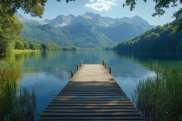 Obraz premium Serene mountain lake pier; calm water, trees. Perfect for travel brochures