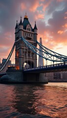 Obraz premium Impressive Towered Suspension Bridge Over Reflective Water at Colorful Sunset