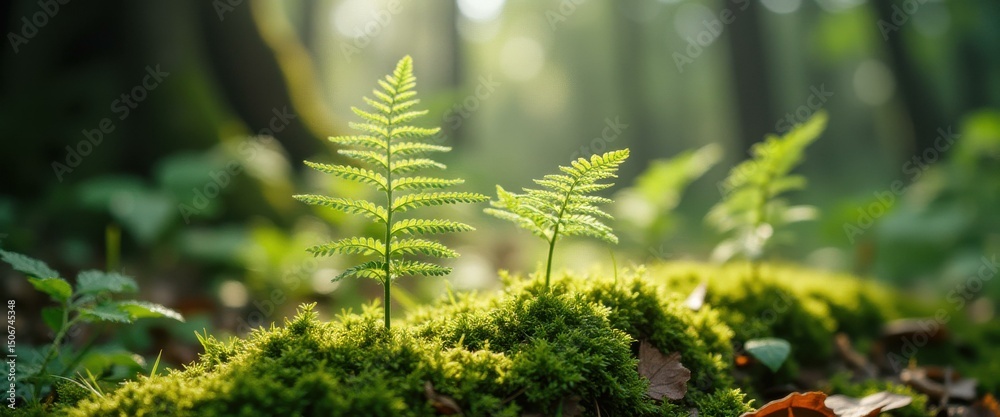 Poster lush green ferns growing on mossy ground in a forest with sunlight filtering through the trees, crea