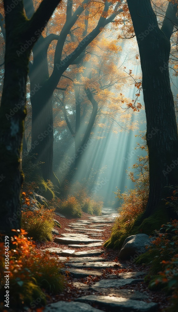 Aufkleber sunlight shines through autumn trees onto stone path in peaceful forest.