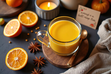Warm and cozy Ayurvedic golden milk drink in glass with star anise, dried orange slices, beeswax candle, wool scarf, and recipe card, featuring soft shadows and natural textures.