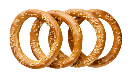 Dried bagels cut out on a white background. Top view