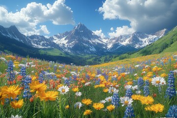 Fototapeta premium Alpine meadow wildflowers, sunny mountains