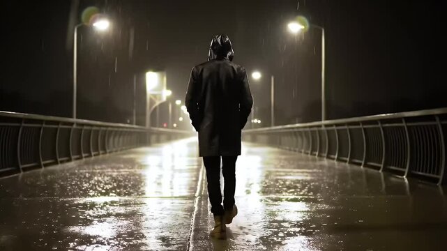 Lonely man walking away on a wet city bridge in the rain