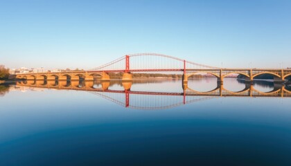 Naklejka premium Serene Morning Reflection: Bridges over Calm River