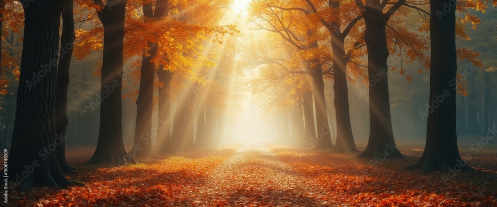 Aufkleber autumnal forest path with golden sunlight streaming through trees, creating a mystical ambiance
