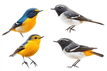 Four colorful bird species isolated on white background