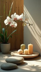 Serene Spa Ambiance with Orchid, Candles, and Stones in Warm Sunlight for Relaxation and Meditation