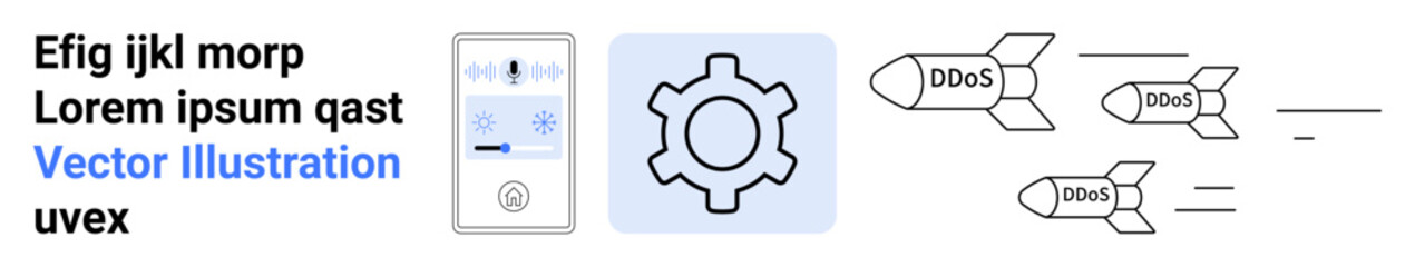 Flying DDOS rockets targeting a system, a control panel, and a gear symbolizing vulnerability, attack, and defense strategy. Ideal for cybersecurity, system security, network defense, risk