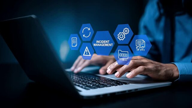 Business professional working on laptop with glowing icons of incident management, security incident alerts, and smart digital tools for response strategy