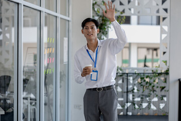Fototapeta premium a well-dressed businessman posing in various poses, an office worker making various gestures, a dignified entrepreneur, a ceo of marketing company walking in the office, manager, boss