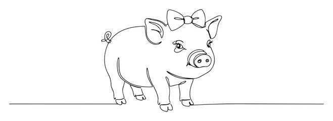 pig with bow monoline oneline hand drawn vector illustration