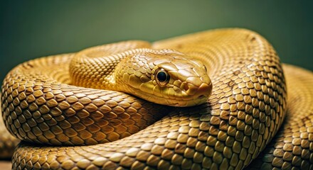 Fototapeta premium A beautiful golden snake coiled, its scales glistening exquisitely under soft light, portraying an intriguing and elegant wildlife moment.