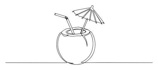 coconut drink with umbrella monoline oneline hand drawn vector illustration