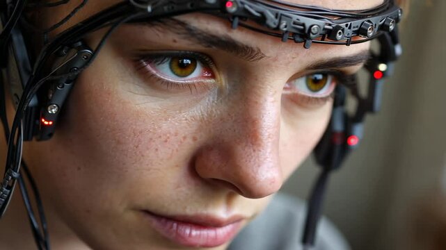 Close-up of a woman using advanced brain-computer interface technology