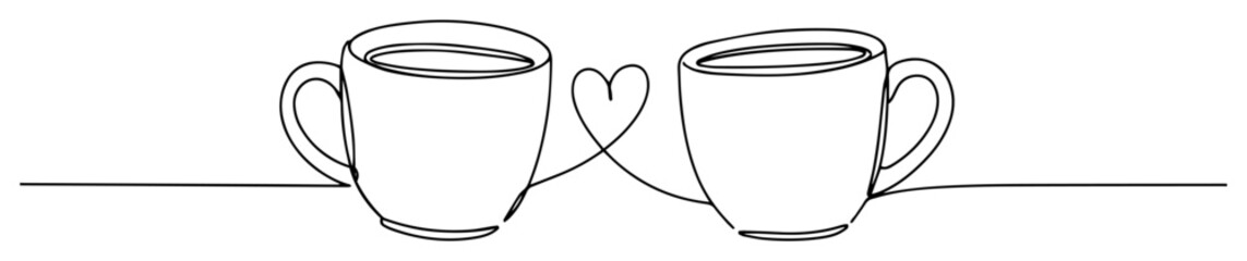 two coffee cups with heart oneline romantic design