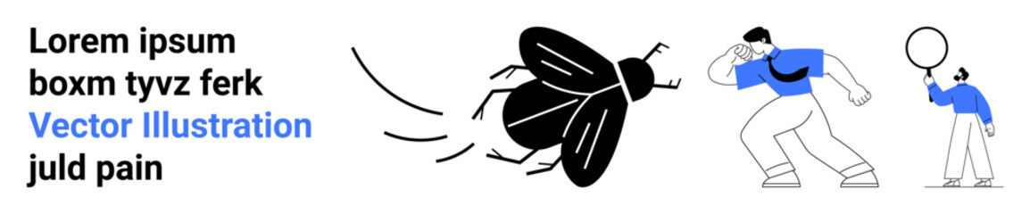 Giant bug flying at panicked man bending away, while another person holds a balloon and observes. Ideal for humor, fears, drama, surrealism, storytelling, pest control, simple landing page