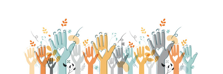 Raised hands. Volunteering, teamwork concert.