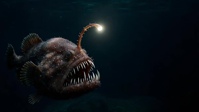 Detailed View of Deep Sea Anglerfish with Glowing Lure in Dark Blue Underwater Habitat