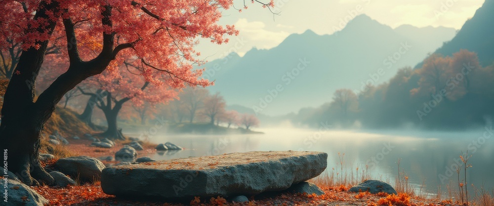 Poster peaceful waterscape with blossoming trees and mountain backdrop in soft light
