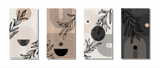 Abstract set of modern posters; mid century abstract geometric shape contemporary.Grunge texture. Stylish.Design for wall decor wallpaper; background; cover; print; card; branding Modern trendy. Boho