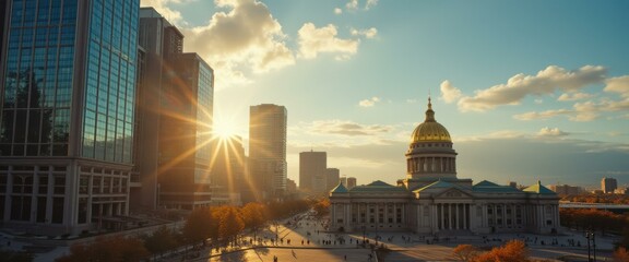 Grand architectural buildings with golden domes and tall modern skyscrapers under a partly cloudy sky during golden hour