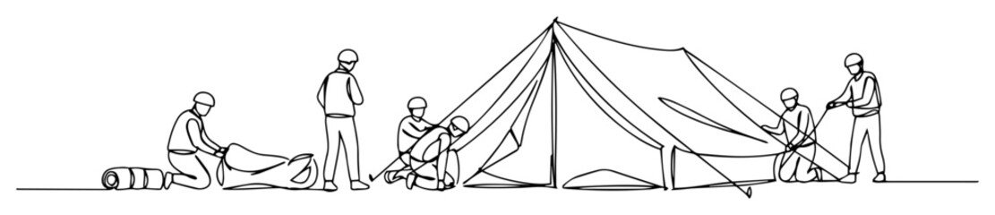military group pitching tent monoline tactical sketch