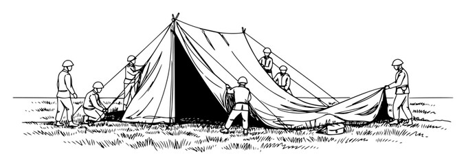 soldiers assembling army tent detailed vector drawing © Wieslaw