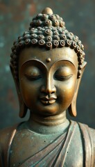 Bronze Buddha Statue Close-Up: Ancient Religious Icon with Intricate Hair and Meditative Expression