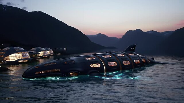 Futuristic eco-resort with a whale-shaped hotel and floating pods