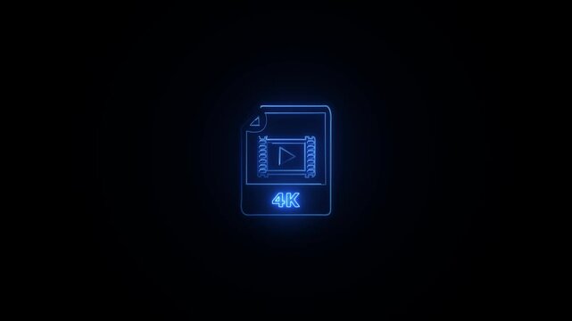 Neon 4K Video File Icon with Play Button, Digital Glowing Representation of Media Format, Modern Technology Symbol, Video Playback Symbol, Electronic File Illustration, Digital Media Concep.