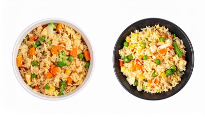 Vegetable fried rice in bowl isolated on white background for Chinese takeout or healthy food concept