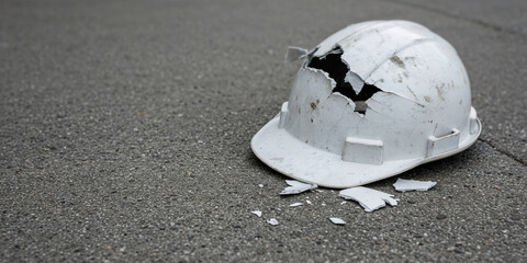 Broken cracked safety hard hat on asphalt, symbol of workplace accident, construction hazard, safety failure. Occupational injury, protective gear, jobsite risk awareness. National Safety Day